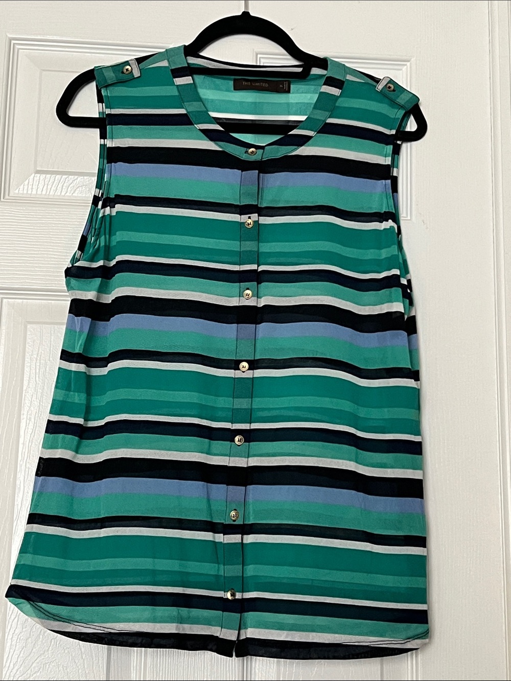 The Limited Sheer Green, Navy & White Striped Sleeveless Button-Front Top